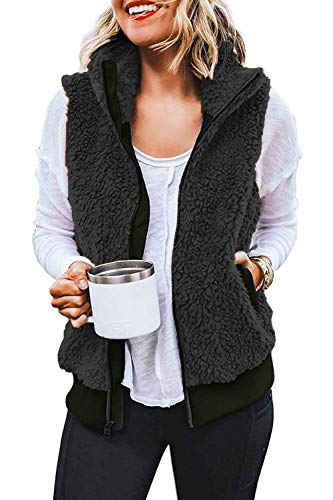 Yanekop Womens Fuzzy Fleece Zip Up Vest Sleeveless Sherpa Jacket Fluffy Warm Outerwear(Black,XL)