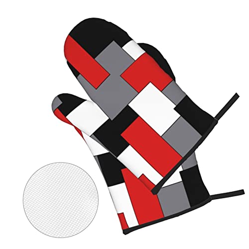 Bokekang Red Black Grey White Oven Mitts And Pot Holders Sets Of 4 Grey Geometric Kitchen Mitts Heat Resistant Oven Gloves Set Red Grey Potholders For Kitchen Baking Grilling Bbq #TOP2