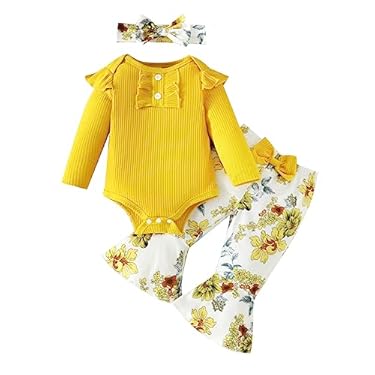 AMAZON - Kislio Newborn Baby Girl Clothes Infant Baby Ruffle Romper Floral Bell Bottoms Pants Headband Toddler Girl Outfits Set