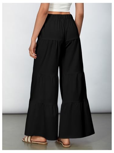 WDIRARA Women's Flowy Boho Elastic High Waist Ruffle Hem Wide Leg Beach Loose Palazzo Pants3