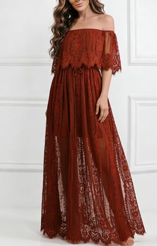 Image of HOYISHION Women's Off The Shoulder Floral Lace Maxi Dress White Bridesmaid Wedding Party Maternity Photoshoot Long Dresses