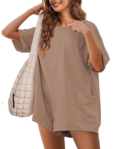 Yeokou Rompers for Women Casual Short Sleeve Oversized Athletic Workout Reversible Hot Shot Tee Romper Deep Pockets(-DarkKhaki-XL)