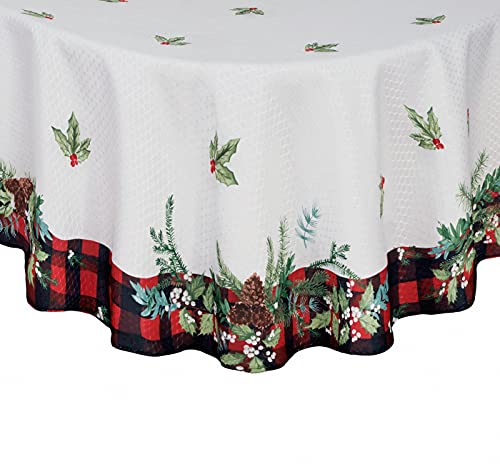 Lintex Aspen Red Black Plaid And Garland Bordered Christmas Tablecloth, Cottage Check Bordered Xmas And Holiday Print Easy Care Fabric Tablecloth, 60 Inch X 84 Inch Oval #TOP28