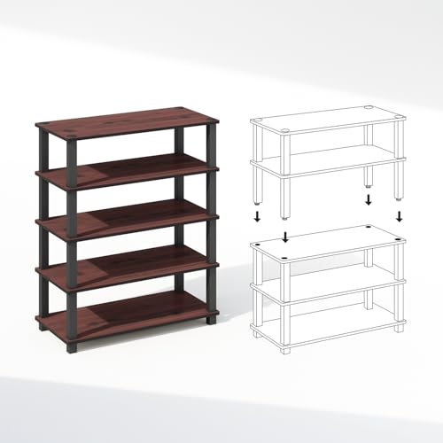 Image of Furinno Turn-S-Tube Storage Shelves Set of 2, 3-Tier Stackable Standing Shelf, Open Corner Shelf, for Organization and Storage, Living Room, Garage, Home Office, Dark Cherry