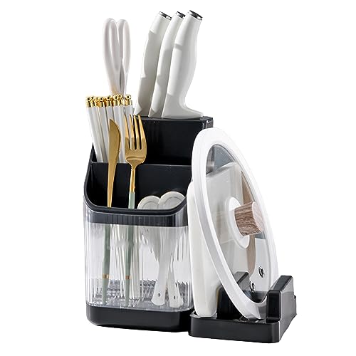 Sunicon Kitchen Knife Holder,Multifunctional Kitchen Storage Rack Kitchen Countertop Cutting Board Pot Cover Chopsticks Forks Spoons Holder for Cabinet (Black)