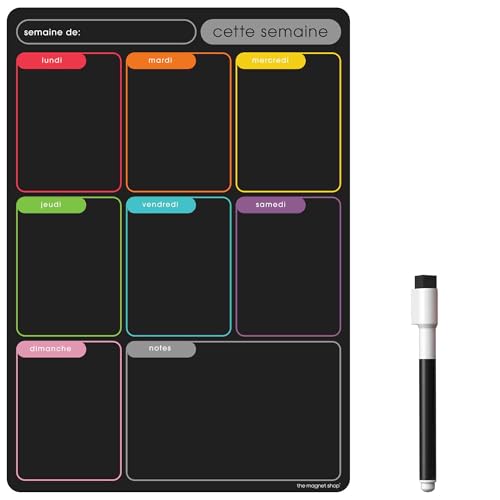 Planning Frigo Magnétique | Tableau Blanc Effaçable & Semainier | Liste de Courses et Calendrier pour Organisation Familiale (30 x 21cm [A4], noir & multicolore)