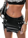 WDIRARA Women's Split Hem Eyelet Belt Side Pu Leather Party Club Bodycon Mini Skirt Black S