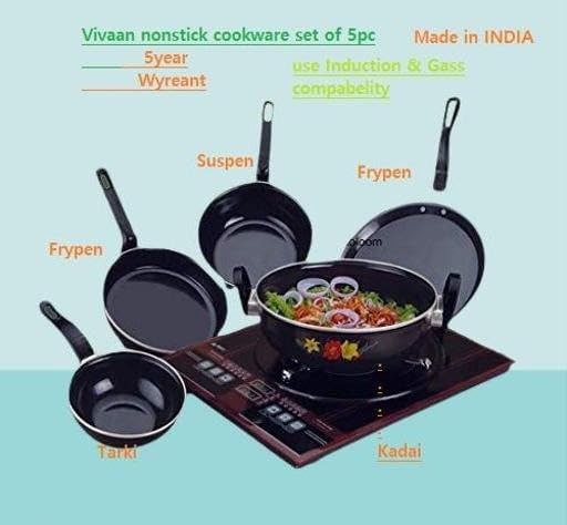Image of Nonstick cast Iron Induction Base cookware Set of 5 Pieces kadai Sauce pan Fry pan tawa tadka pan for Home Kitchen Black Free Size