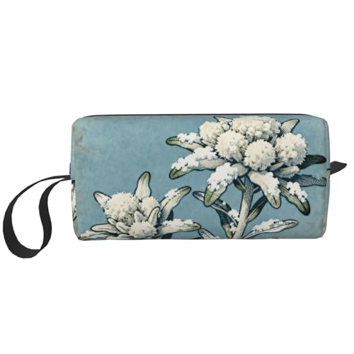 OLUSENMO Edelweiss Light Blue Makeup Bag Organizer Compact & Durable Vintage Flower Travel Cosmetic Bag Oxford Fabric Impact-Resistant Multi-Purpose Storage Perfect for Travel, Gym, Daily Use
