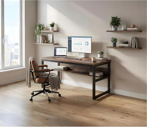 Image of Study Table for Home | with Under-Desk Storage Shelf | Wooden Industrial Computer Table for Home Office & Gaming | Rustic Wood & Black Metal Frame | Rustic Brown | 150x60x75 cm
