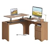 Bestier 55" L Shaped Desk with Lift Top, Fluted Drawers, Brown Oak