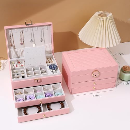Image of Jewelry Box For Women Girl Wife 3 Layers Large Pu Leather Jewelry Organizer Storage Case With Two Drawers Display For Earrings Bracelets Rings Watches Design Jewelry Box, Jewelry Organizer (Pink)