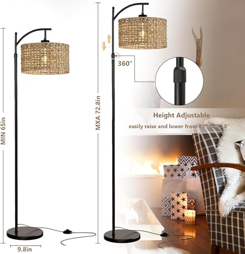 Image of Arc Floor Lamp for Living Room with Remote Control,Farmhouse Boho Floor Lamps with 3 Color Temperature,Rustic Standing Lamp with Rattan Wicker Shades,Adjustable Tall Lamp for Bedroom,Office,Reading