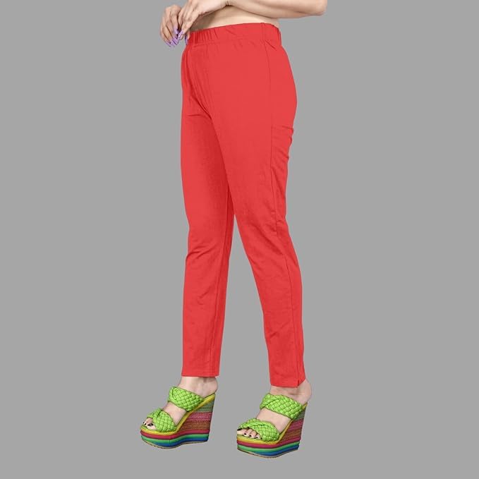 Image of Women's Solid Cotton Lycra Pants-High Waist Slim Fit Stretchable Leggings - Comfortable Long Trousers for Casual, Office & Everyday Wear