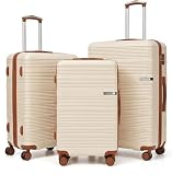 Hoteel Luggage Sets 3 Piece,(4-YEARS WARRANTY) ABS+PC Durable Lightweight Hard Shell Luggage Sets With TSA Lock For Travel,Business Trip, Suitcase Set 20 24 28 Inch, Beige