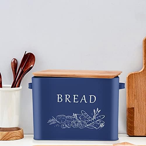 Herogo Bread Bin, Metal Bread Box with Wooden Lid for Cutting Bread Board, Extra Large Bread Holder Holds 2 Loaves, Space Saving Bread Storage for Kitchen Countertop, 33x18x24.5cm (Blue)