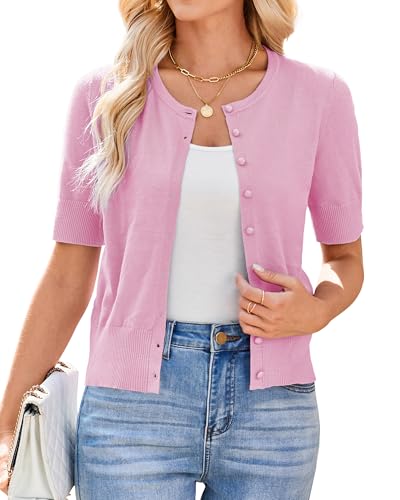 Image of Newshows Short Sleeve Cardigan for Women UK Summer Cropped Cardigan Knitted Buttons Down Bolero Shrug Hot Pink,L