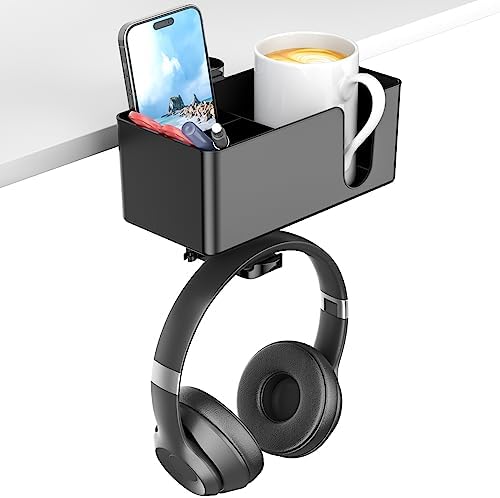 KDD 4-in-1 Desk Cup Holder with Headphone Hanger - Under Desk Headphone Hook with 2 Wire Holes - Rotating Headphone Hanger and Detachable Desk Storage for Cup, Phone and Pen (Black)