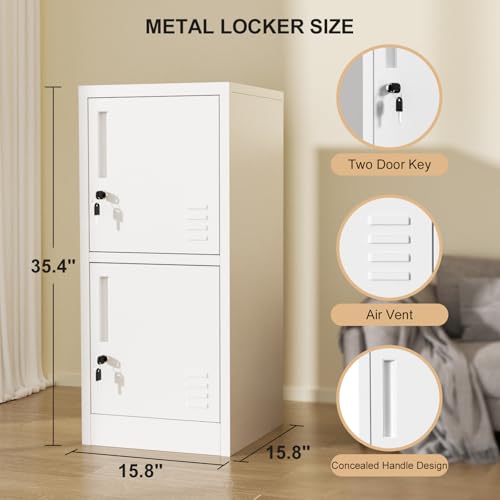 BAVNNRO 2 Door Metal Locker Storage Cabinet with Locking Doors and Shelves File Cabinet Organizer Suitable for Office, Home, Living Room (White)