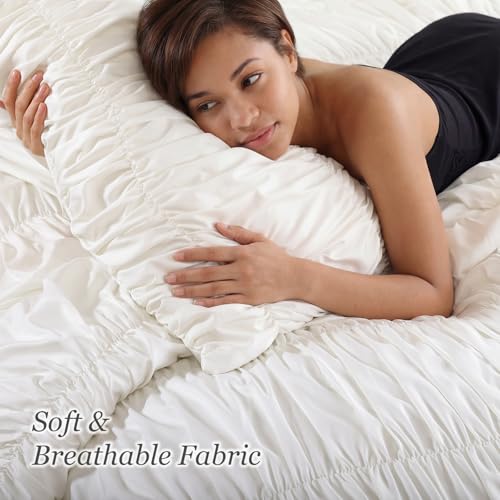 Image of weigelia Cream Comforter Set King - Textured Ruched Cream Ivory King Comforter Set, Soft White Aesthetic Bedding with 2 Pillowcases, 3 Piece Modern Organic Bedroom Comforter Set