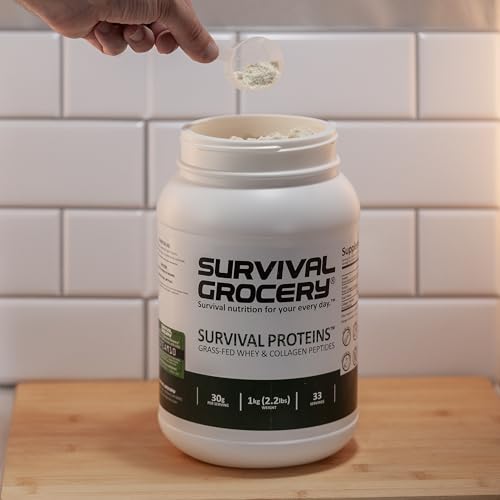 Survival Grocery® Survival Proteins™ Grass-Fed Whey Protein & Collagen Peptides (Types I & III), Unflavored, Gluten Free, Muscle Recovery, Skin, Hair, Nail, Joint Support, 1kg/2.2 lbs