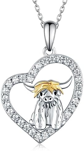 CVRAVO Animal Necklace for Girls Sterling Silver Highland Cow Necklace Cute Heart Cow Pendant Necklace Jewelry Birthday Gifts for Women daughter granddaughter