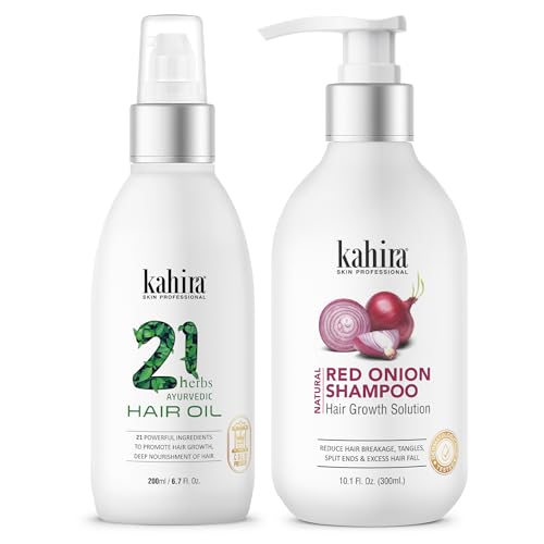 Image of Hair Growth Combo: 21 Herbs Ayurvedic Hair Oil (200ml) & Natural Red Onion Shampoo (300ml) - Hair Growth Solution to Reduce Breakage, Tangles, Split Ends & Excess Hair Fall