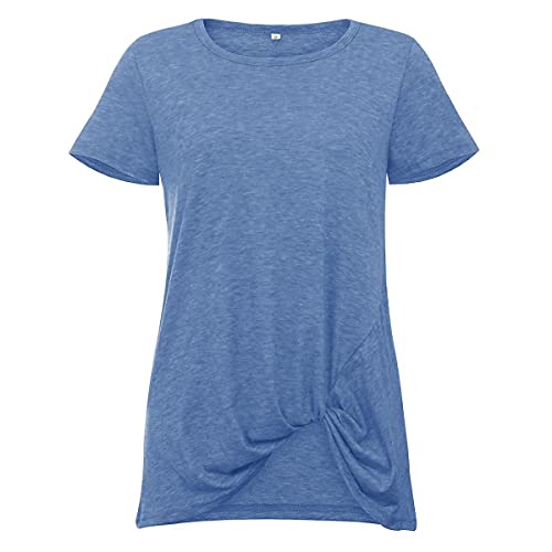 SHIBEVER Women's Tops Short Sleeve Shirts Twist Knotted T Shirts Round Neck Tunic Blue XXL