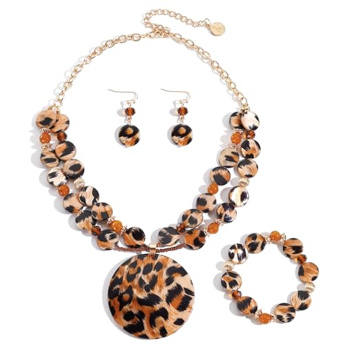Coiris Layered Beads Statement Necklace for Women Gradient Colour Circle Shell Pendant Chunky Jewelry Set Costume Jewelry for WomenST0027-leopard prints