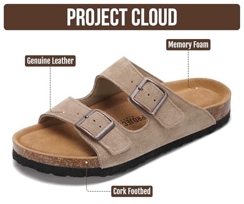 Image of Project Cloud 100% Genuine Leather Flat Sandals For Women 2026 Cork Footbed Womens Sandals with Memory Foam and arch support Vacation Essentials Slides for Women Footwear (Venita)