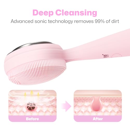PRITECH Facial Cleansing Brush, Rechargeable Silicone Face Scrubber with Constant-Temperature Heating, Vibrating Exfoliator Scrubber for Deep Pore Cleaning, Waterproof Face Brush for Women & Men -Pink