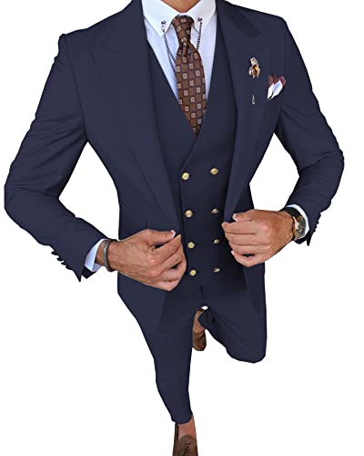 Men's Suit Classic 3 Pieces Formal Slim Fit Solid Color Peak Lapel Prom Men Suit (Blazer+Vest+Pants)