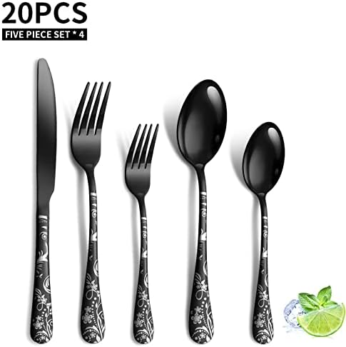 Jxkgenix Cutlery Set Stainless Steel for 4 People, Cutlery Set Including Knife, Fork, Spoon, Cutlery Mirror Polished, Dishwasher Safe, Camping Cutlery Set 20 Pieces (Black)