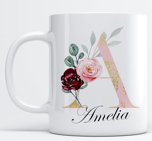 Image of Personalised Mug Stylish Glitter Initial with Name, Customised Gift for Christmas Day, Birthdays, Valentine’s Day, Fathers Day for Mom, Dad, Friends, 11oz Ceramic Coffee/Tea Cup (Glitter Rose Gold)