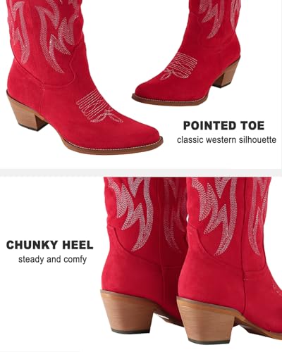 Image of LingxiaUne Cowboy Boots for Women Floral Cowgirl Boots with Pointed Toe and Chunky Heel Mid Calf Western Boot for Concert Festival Country Night Party