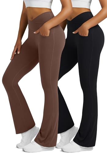 Image of Flare Leggings for Women with Pockets 2pack High Waisted Crossover Flare Leggings Bootcut Yoga Pants
