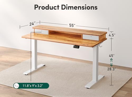 Image of FEZIBO Height Adjustable Electric Standing Desk with Double Drawer, 55 x 24 Inch Stand Up Table with Storage Shelf, Sit Stand Desk with Splice Board, White Frame /Light Rustic Brown Top