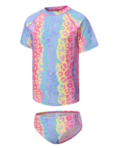 Image of Girls Two Piece Swimsuits Short Sleeve Rash Guard Swim Shirt Bikini Bottom Swim Set Bathing Swim Set Swimwear 3-16 Years