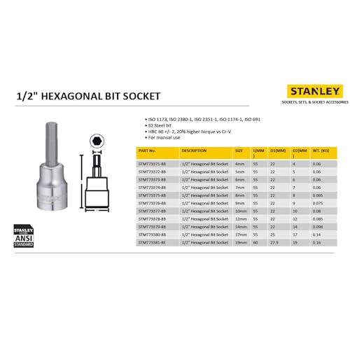 Image of Stanley s 2 steel Stmt73375-8B 1 /2'' 8Mm Hexagonal Bit Socket