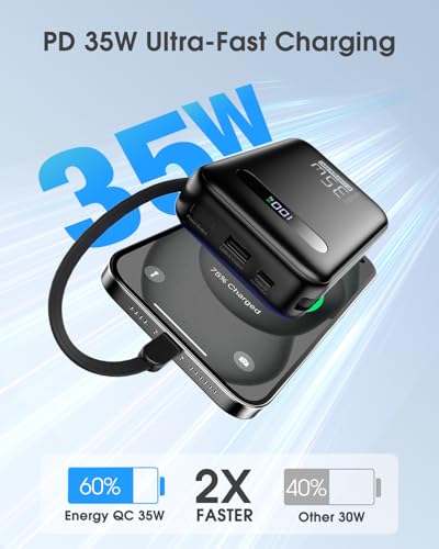 EnergyQC 20000mAh Portable Charger, 35W PD 3.0+QC 4.0 Fast Charging Power Bank with Built-in Lightning & USB-C in&Out Cables, Travel Battery Pack for iPhone 17/16/15/14, Samsung, iPad, Android, Black