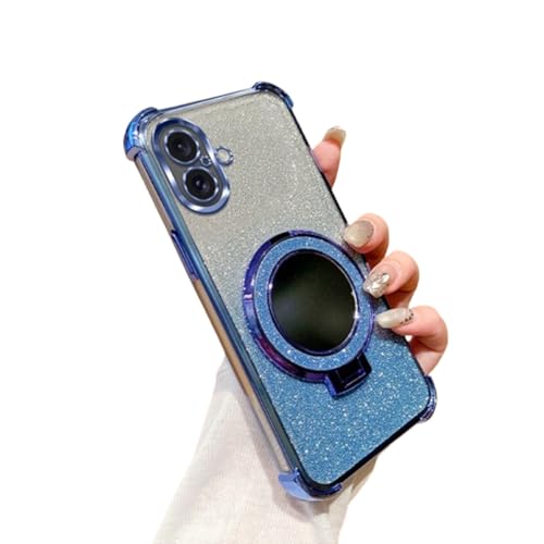 Miroir de maquillage coque iPhone 16 pliable antichoc design pailleté bleu