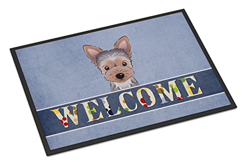 Caroline's Treasures BB1418JMAT Yorkie Puppy Welcome Doormat 24x36, Blue Front Door Mat Indoor Outdoor Rugs for Entryway, Non Slip Washable Low Pile, 24H X 36W