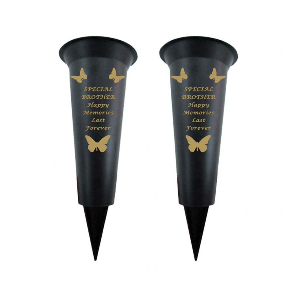 Memorial Grave Vases Ornaments Black Plastic Flower Holders - Butterfly Spike Grave Flower Vases with Funeral Verses for Your Loved Ones - Pack of 2 (Brother - Pack of 2)