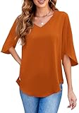 Halife Womens Summer Blouses and Tops Casual Dressy V Neck 3/4 Length Sleeve Shirts Burnt Orange XL