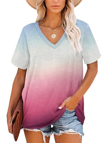 MOLERANI T Shirts for Women Tops Short Sleeve V Neck Striped Summer Tops Casual Loose Tee Gradient Gray Pink 3XL