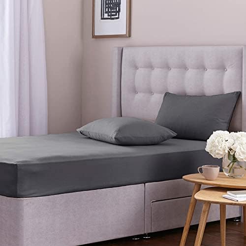 Silentnight 100% Brushed Cotton Single Fitted Sheet and Matching Pillowcase Set Charcoal - Easy Care Luxury Linen Bottom Bedsheet - Elastic Hem to Snugly Fit Around Your Mattress