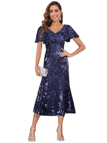 Floral Sequin Tea Length Mother of The Bride Dresses for Women Short Sleeve V Neck Evening Formal Dress4