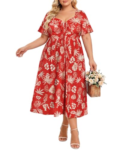 Image of CARCOS Plus Size Dresses for Curvy Women Tie Sweetheart Neck Summer Maxi Dress Short Sleeve Empire Waist Floral Boho Dress