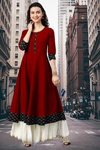 Image of Women's Printed Cotton Slub Anarkali Kurti Maroon