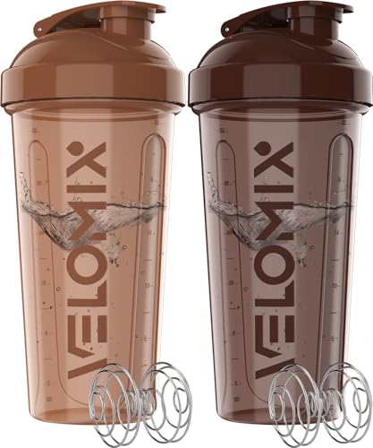 VELOMIX 2 Pack 28oz Protein Shaker Bottle for Protein Mixes, Brown Series